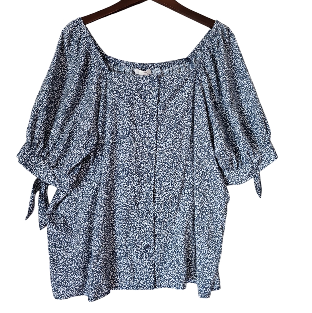LAUREN CONRAD Women's Blue Floral Print Square Neck Short Puff Sleeve Blouse XXL